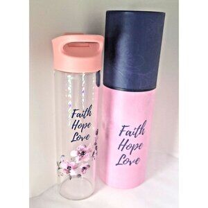 SOLD Christian Art Gifts Glass Water Bottle Faith Hope Love Floral 20 Oz